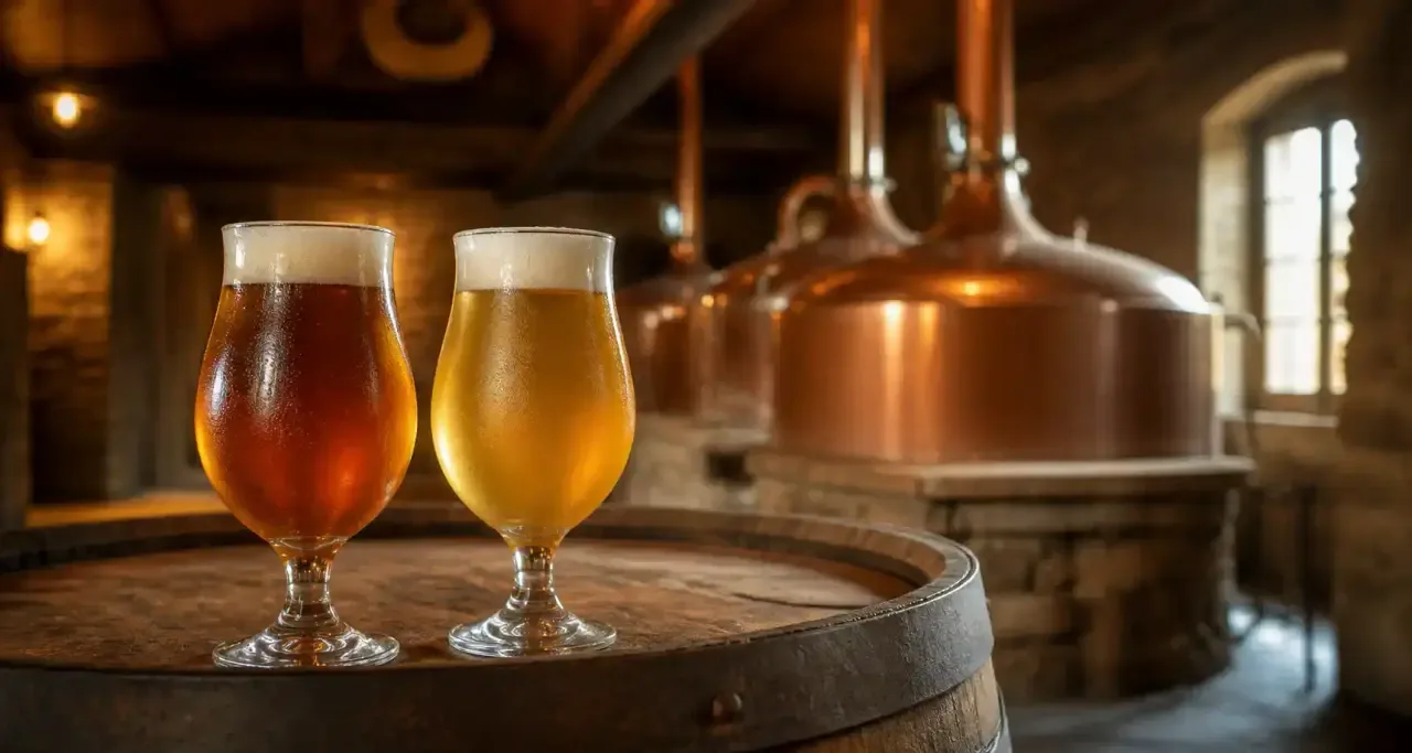 Bières artisanales et tonneau dans une brasserie normande