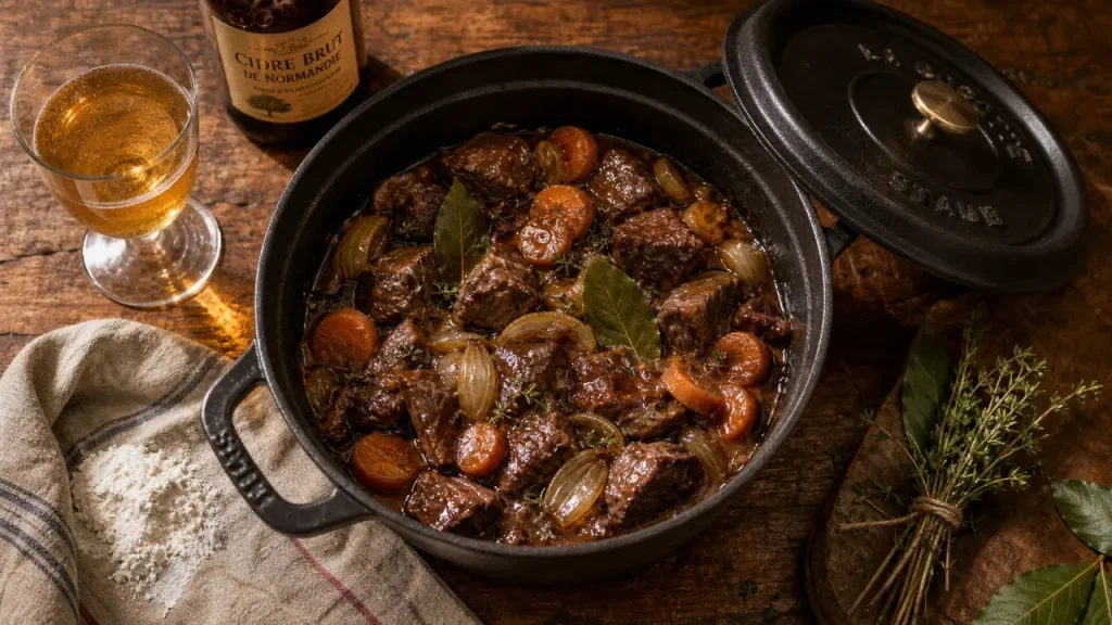 Bœuf au cidre de Normandie, la recette mijotée au cidre brut et à la cocotte