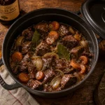 Boeuf au cidre normandie mijoté en cocotte, sauce brune et carottes