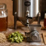 Brasserie artisanale piva : ingrédients de brassage sur table en bois