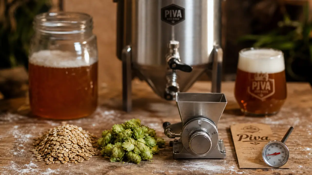Brasserie artisanale piva : ingrédients de brassage sur table en bois