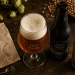 Brasserie artisanale tête haute : bière ambrée en verre et bouteille ouvertes