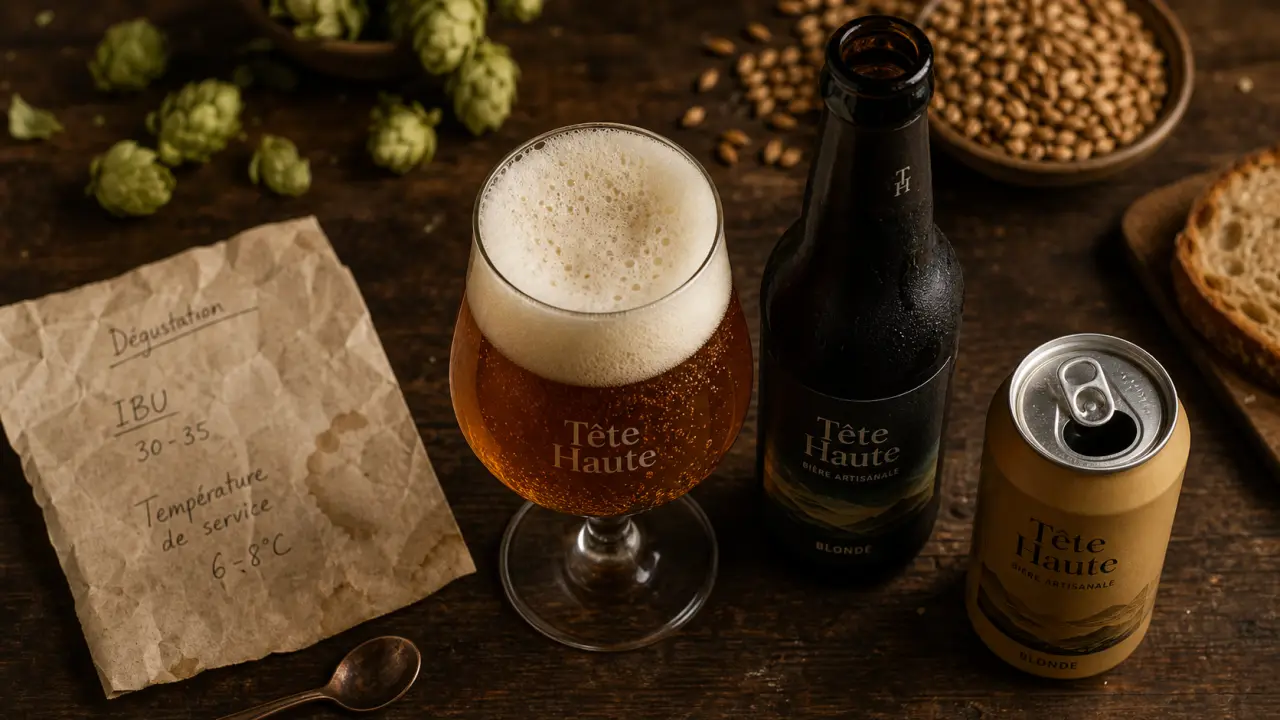 Brasserie artisanale tête haute : bière ambrée en verre et bouteille ouvertes