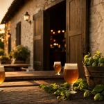 Brasserie de la ferme, terrasse brasserie et bière ambrée à golden hour