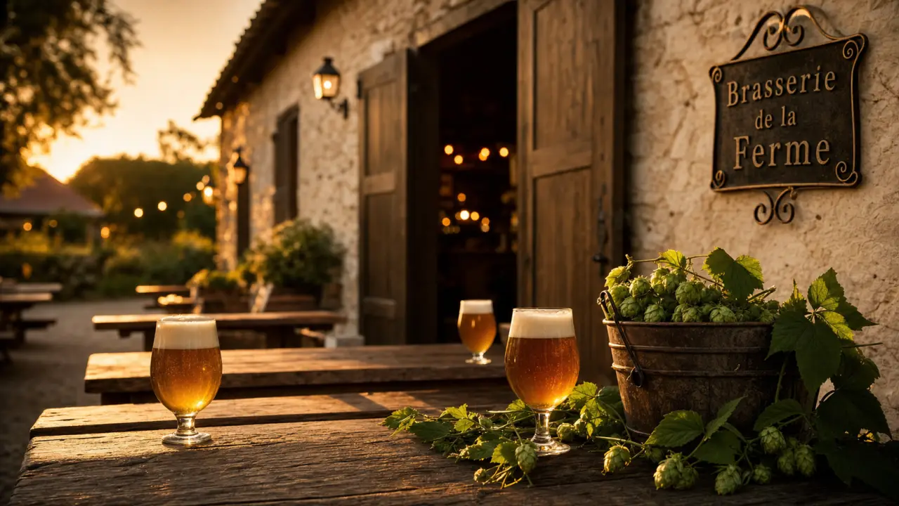 Brasserie de la ferme, terrasse brasserie et bière ambrée à golden hour