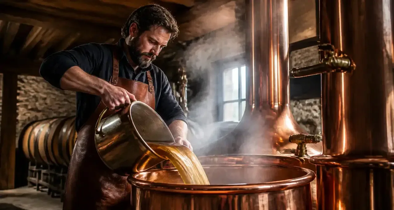 Brasseur artisan surveillant une cuve en cuivre dans une brasserie normande