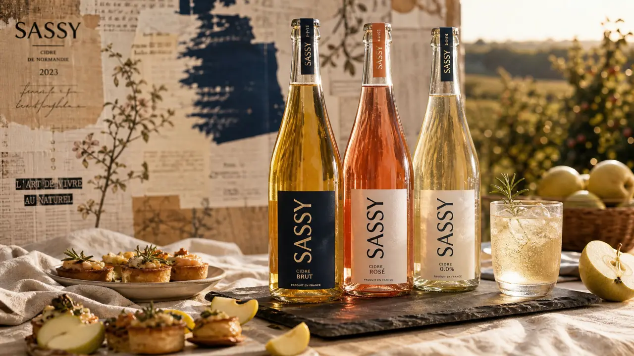 Cidre sassy de normandie : bouteilles Brut, Rosé et 0.0 % sur ardoise
