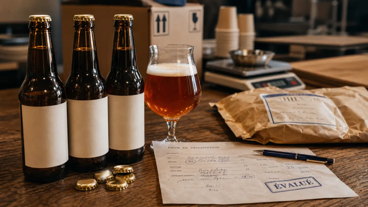 Concours bière artisanale : échantillons de bière et fiche de dégustation