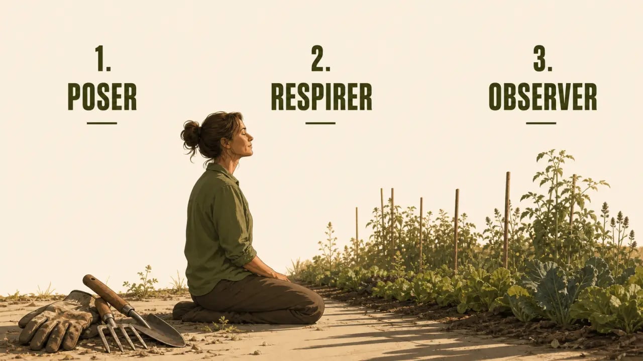 Reconnecter son corps à la nature après une journée au jardin : une personne prend un moment de respiration et d’observation dans le jardin au coucher du soleil