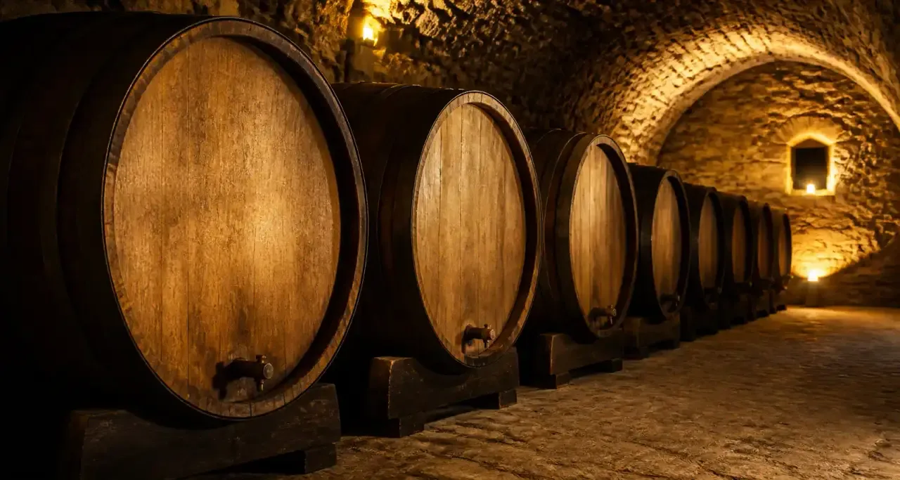 Fûts de chêne alignés dans une cave voûtée artisanale