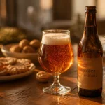 Bière de noël artisanale ambrée aux épices, mousse fine, table de fête
