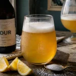 Biere sour gose claire avec mousse, citron et sel