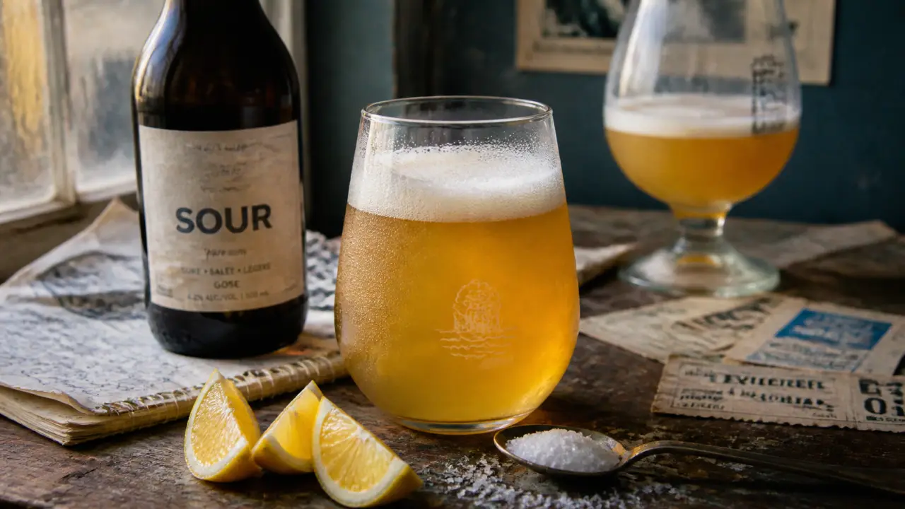 Biere sour gose claire avec mousse, citron et sel