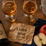 Cidre brut taux alcool 4,5% à 6,5% : verres et bouteille