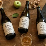 Cidre fermier normandie : bouteilles et pommes, verre à cidre