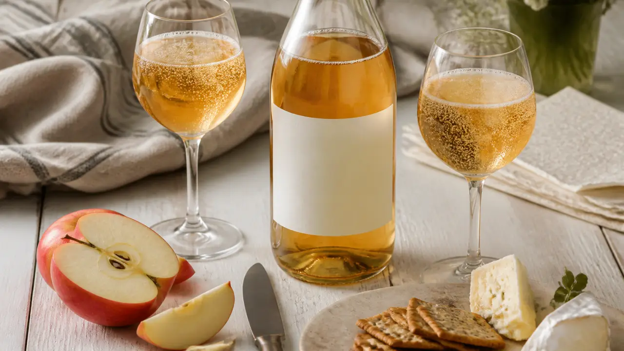 Cidre sans alcool 0,0% désalcoolisé, bulles ambrées dans des verres