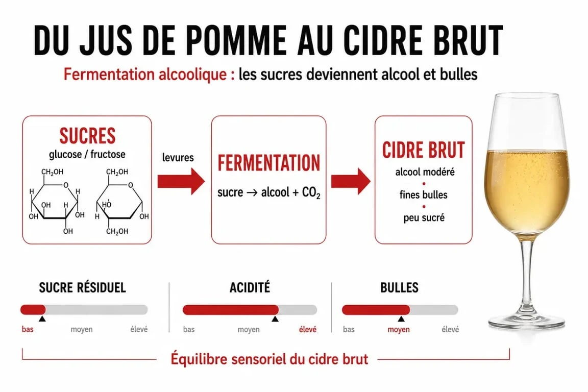Cidre brut taux alcool : schéma de fermentation du sucre vers l’alcool