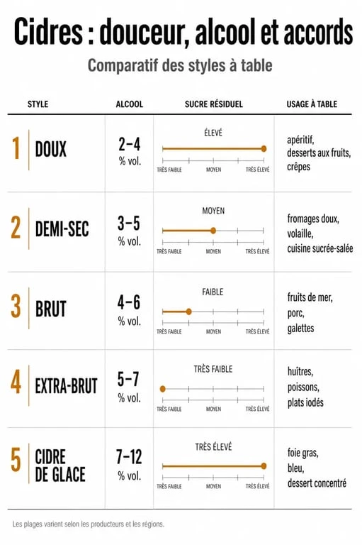 Cidre brut taux alcool : comparatif visuel des différents types de cidre