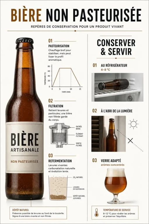 Bière artisanale non pasteurisée : visuel éditorial sur la conservation, la filtration et la refermentation