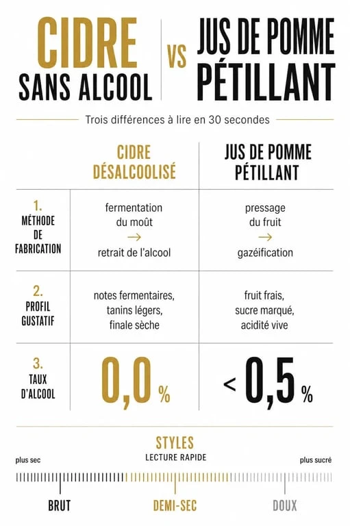 Infographie comparative du cidre sans alcool entre cidre désalcoolisé et jus de pomme pétillant
