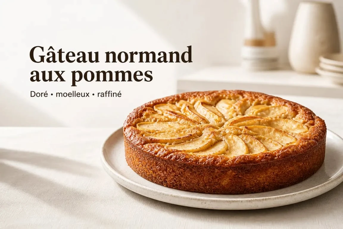 Gâteau normand aux pommes doré et moelleux servi sur assiette claire