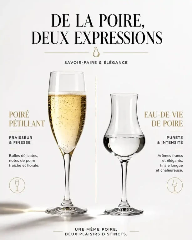 Différence visuelle entre un verre de poiré pétillant et un verre d'eau-de-vie de poire