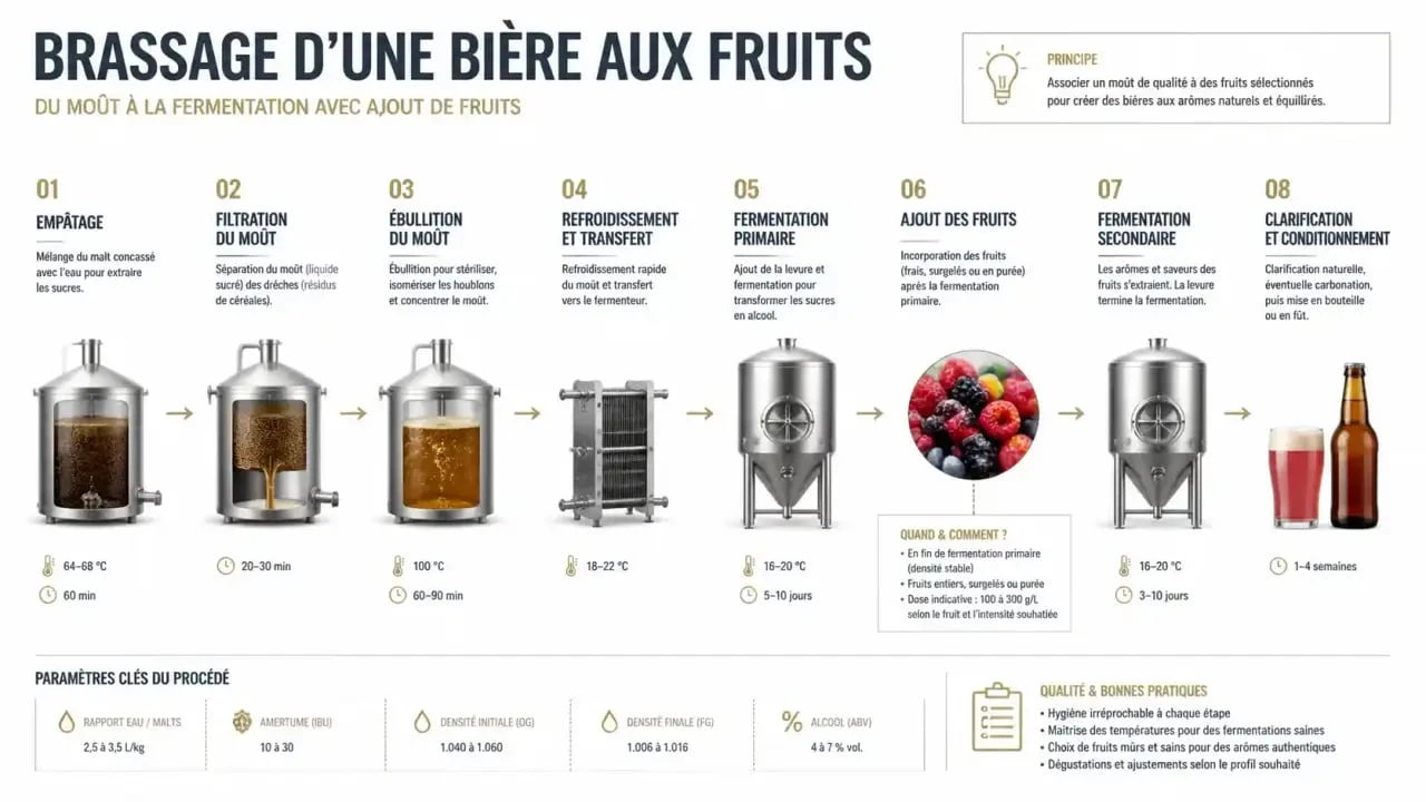 Infographie des étapes de brassage d'une bière aux fruits artisanale