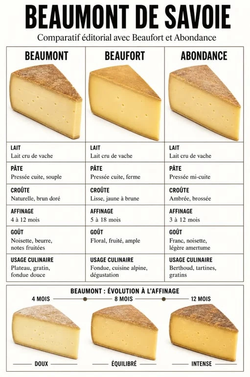 Infographie comparative beaumont fromage avec Beaufort et Abondance
