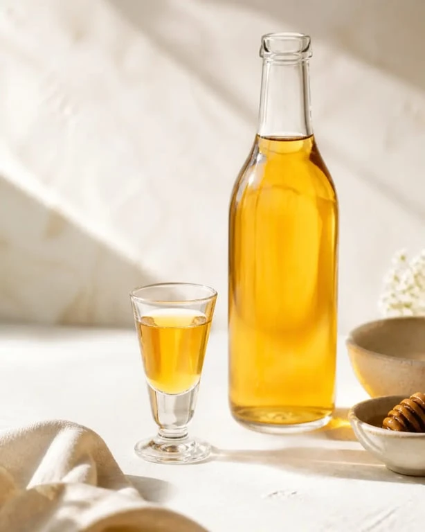 Recette chouchen artisanal servi en verre avec bouteille, boisson dorée et ambrée
