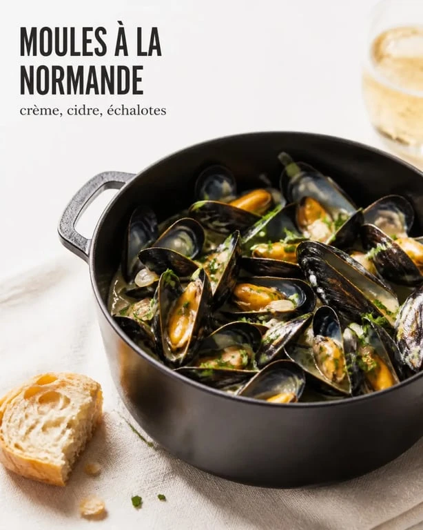 Moules normandie à la crème et au cidre servies en cocotte, avec persil frais