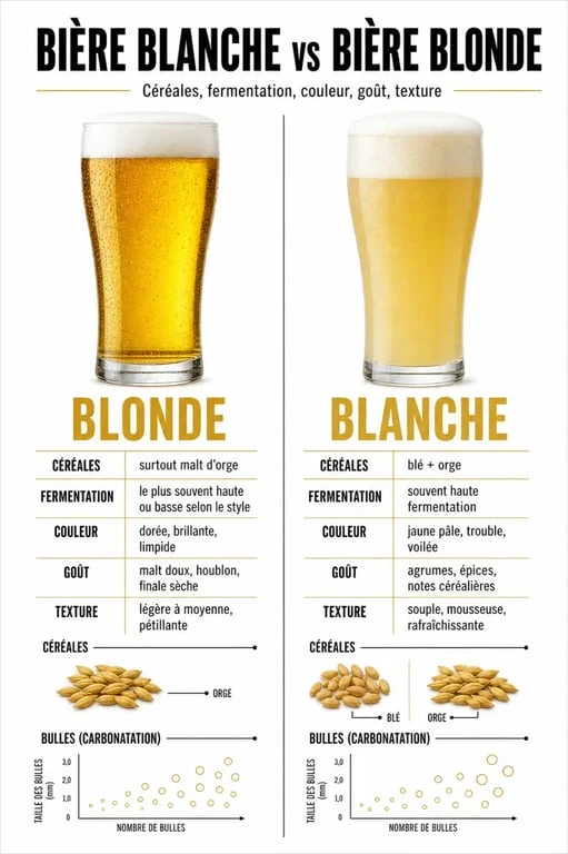 Différence bière blanche et blonde : infographie comparative sur les céréales, la couleur, le goût et la texture
