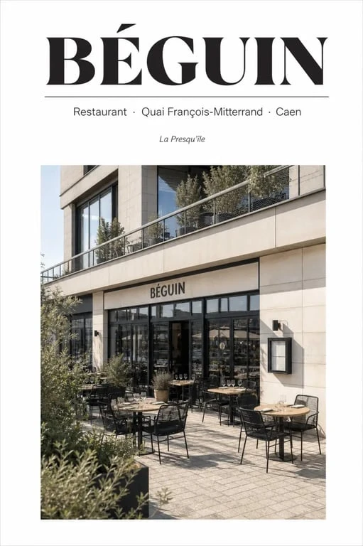 restaurant beguin caen : façade et terrasse sur la Presqu’île de Caen