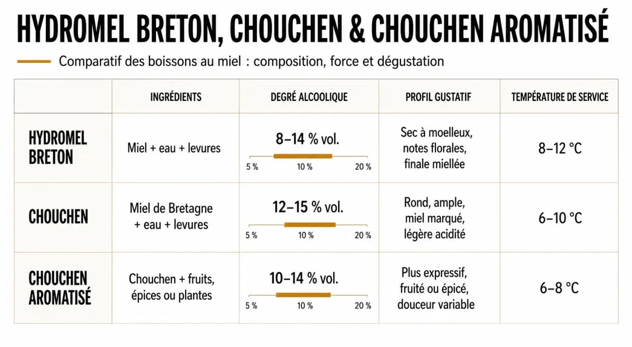 Comparatif hydromel breton, chouchen et chouchen aromatisé dans une visualisation éditoriale