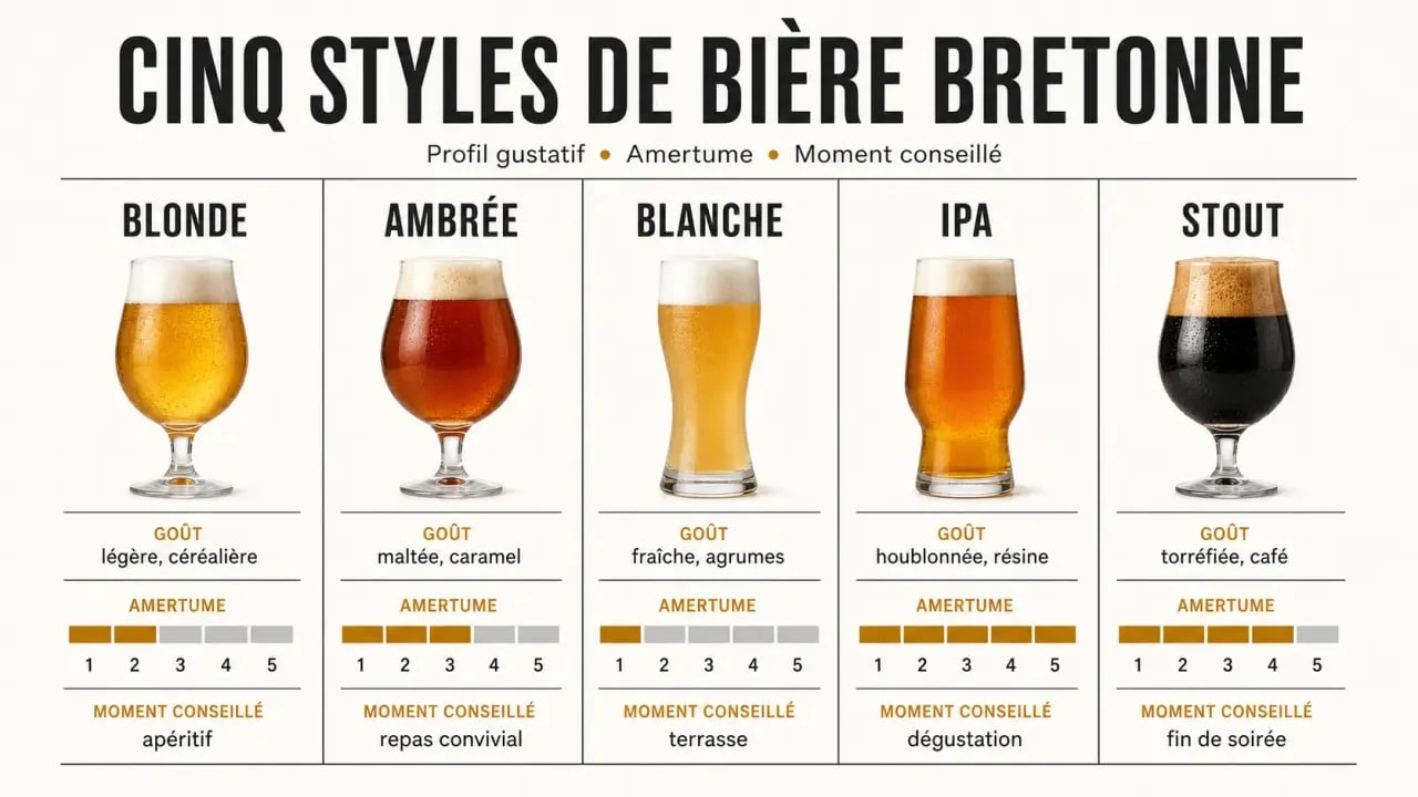 Comparatif des styles de biere bretonne : blonde, ambrée, blanche, IPA et stout