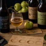 Le pere jules cidre de normandie : bouteilles et verre sur table en bois