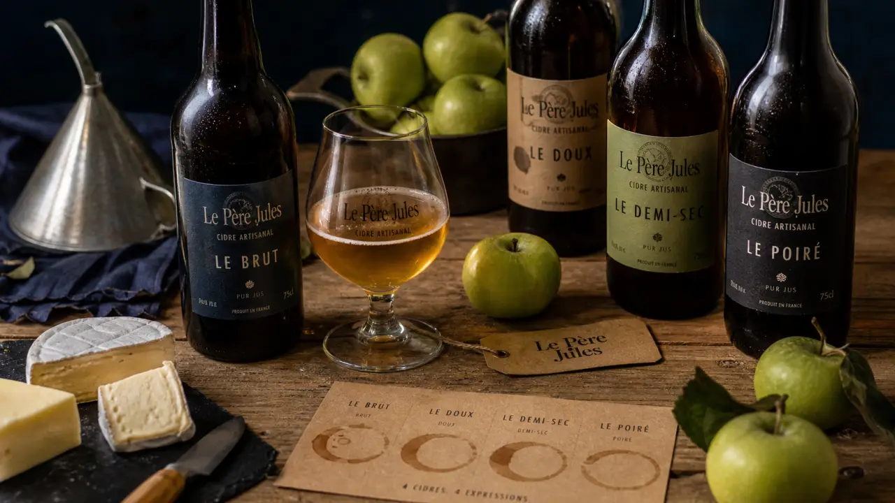 Le pere jules cidre de normandie : bouteilles et verre sur table en bois
