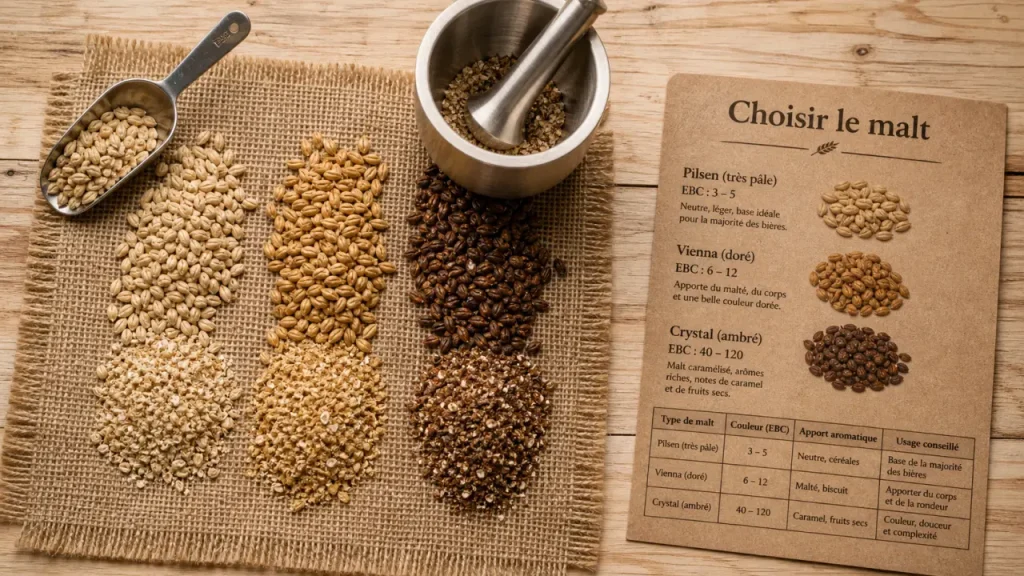 Malt pour bière : choisir Pilsen, EBC et proportions sans déséquilibrer la recette