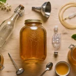 Recette chouchen : bocal miel et pomme en fermentation, barboteur et tuyau