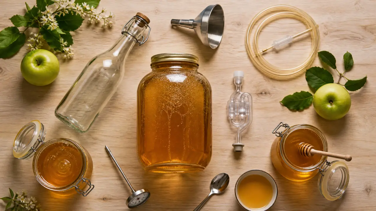 Recette chouchen : bocal miel et pomme en fermentation, barboteur et tuyau