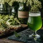 Bière sorcière en verre tulipe, bière émeraude et herbes fraîches