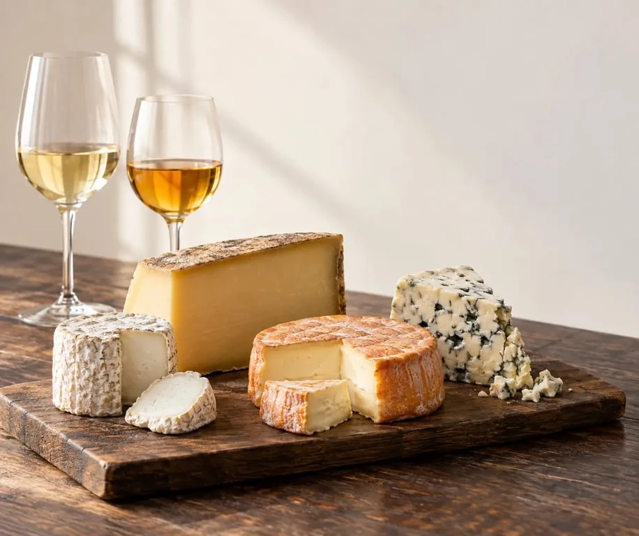 Plateau de fromages de caractère accompagné de deux vins pour un accord équilibré
