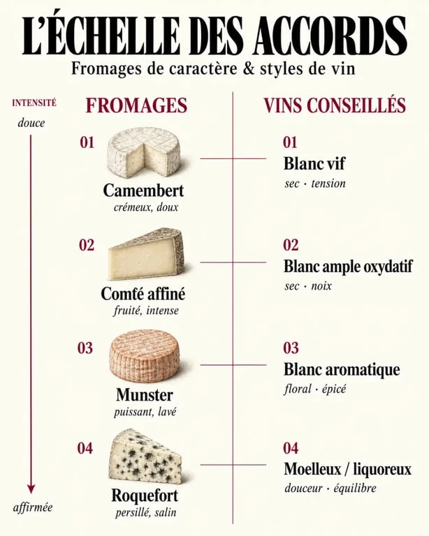 Infographie sur comment associer les vins et les fromages de caractère selon leur intensité