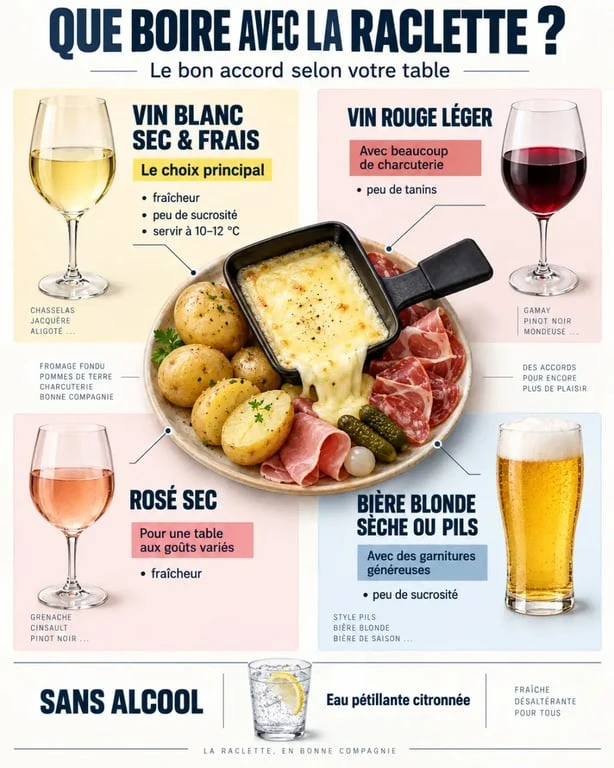Infographie que boire avec la raclette : vin blanc, vin rouge, rosé, bière et alternatives sans alcool