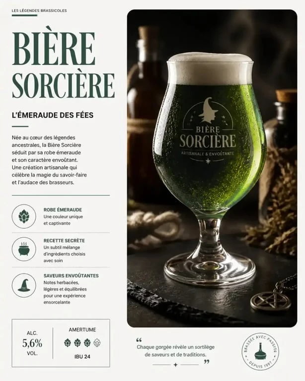 Bière sorcière à la robe émeraude caractéristique servie sur ardoise