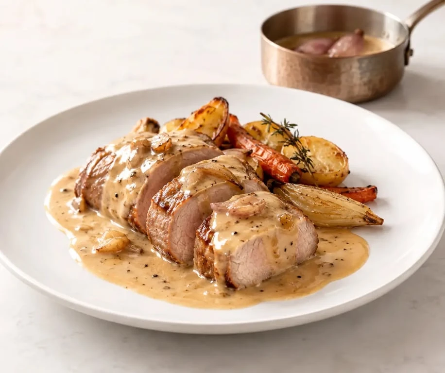 Sauce au cidre crémeuse servie avec un filet mignon de porc