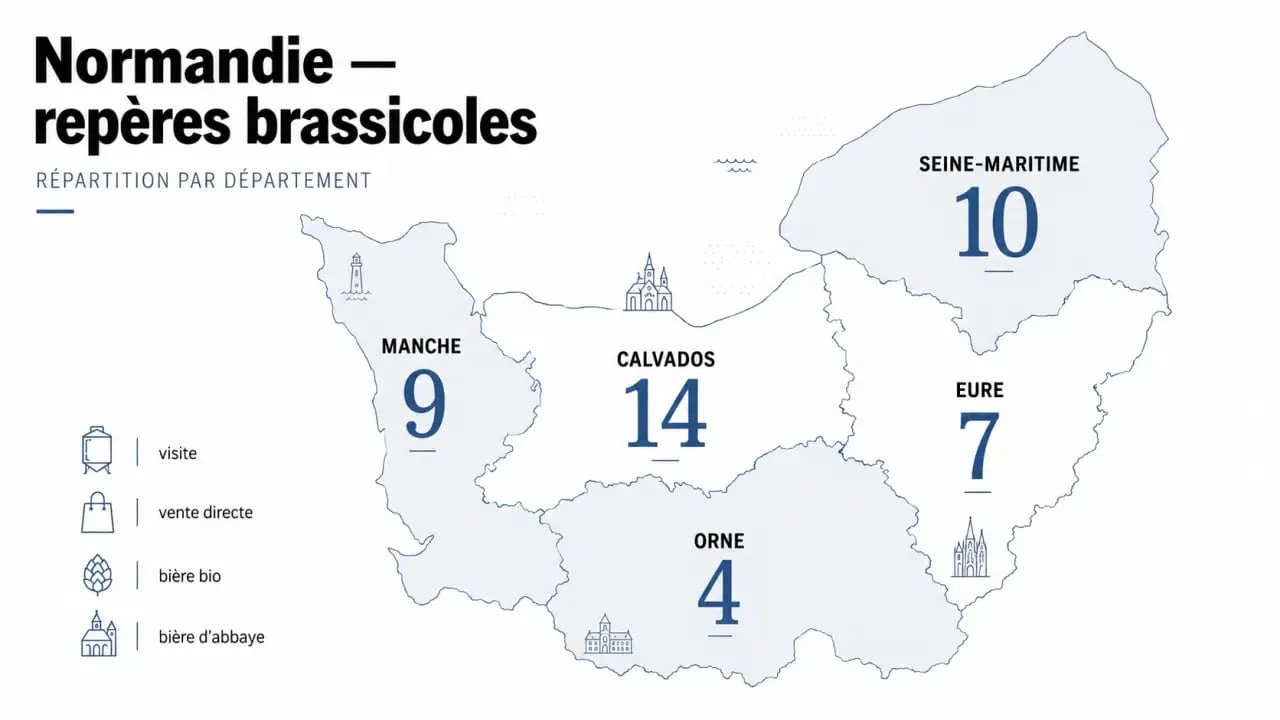 Brasserie artisanale Normandie : synthèse visuelle des départements et des types d’expérience