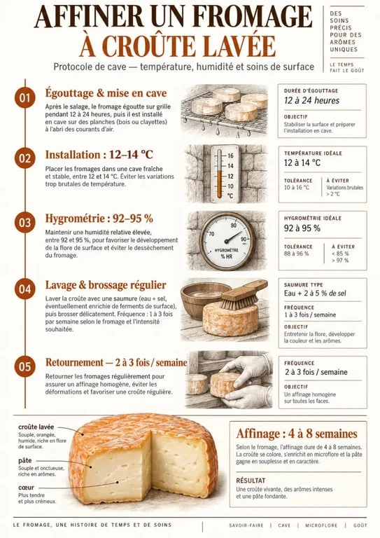 Infographie des étapes de l'affinage d'un fromage par un fromager affineur
