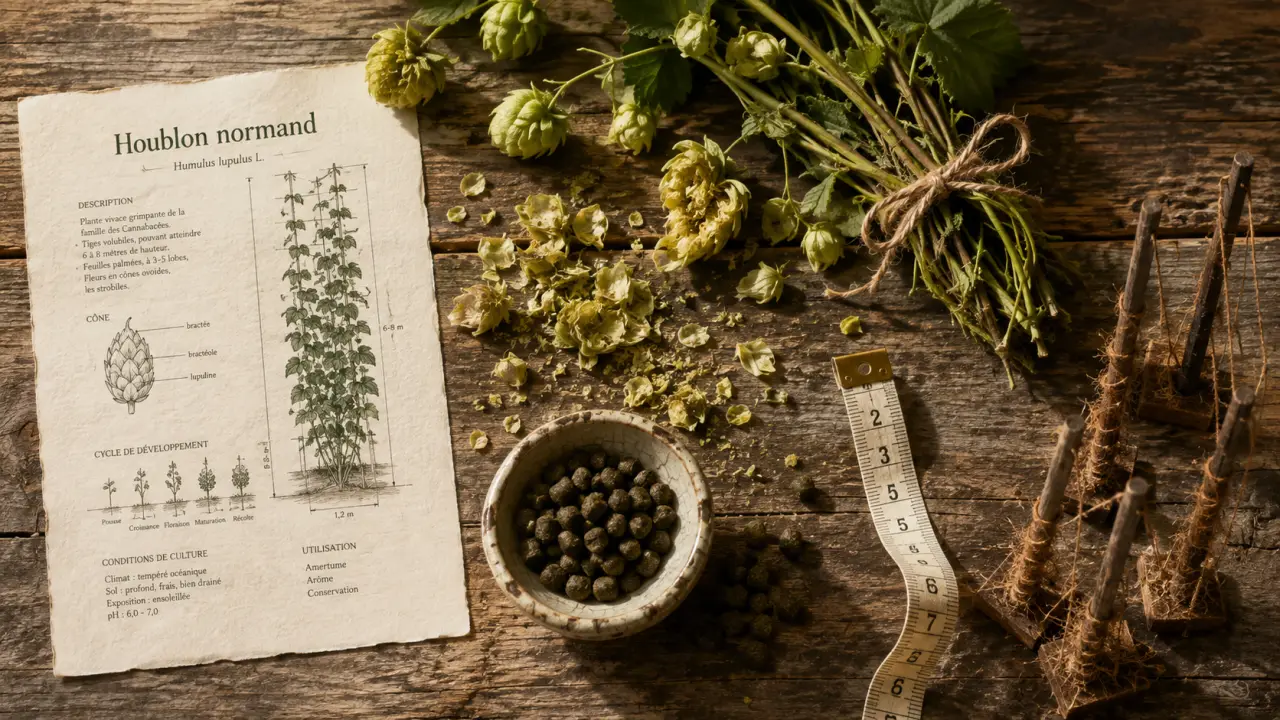 Houblon normandie : cônes et pellets sur table en bois