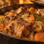 Porc au cidre normandie : échine de porc braisée, sauce cidrée nappante en cocotte