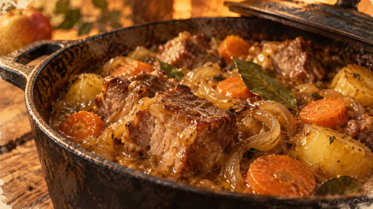 Porc au cidre normandie : échine de porc braisée, sauce cidrée nappante en cocotte
